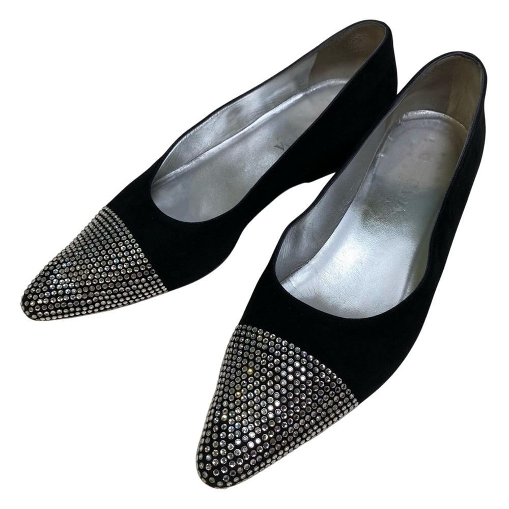 Escada Vero Cuoio Black Pointed Toe Crystal‎ Rhinestone Velvet Flats Size 39.5